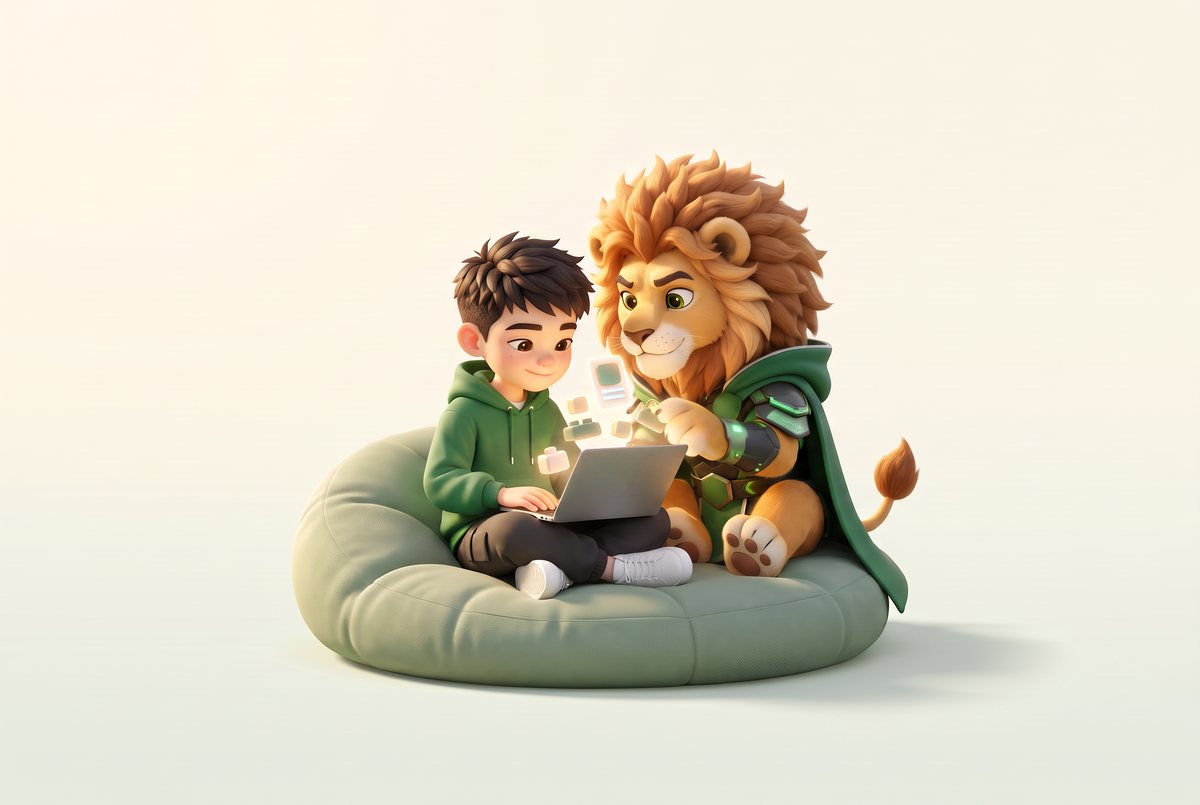 张张和 Brave 坐在坐垫上，用笔记本把想法搭成小应用